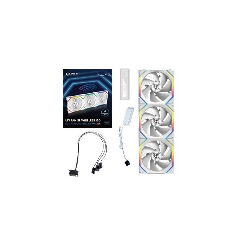 Ventola Lian Li UNI FAN SL Ventola Wireless ARGB PWM Kit da 3 con controller 120mm Bianco Ventola Lian Li UNI FAN SL Ventola Wireless ARGB PWM Kit da 3 con controller 120mm Bianco